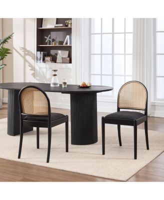 Modern Rattan Back Dining Chairs Set of 2, Upholstered Side Chairs with Backrests, Kitchen and Dining Room Chairs, Solid Wood Legs