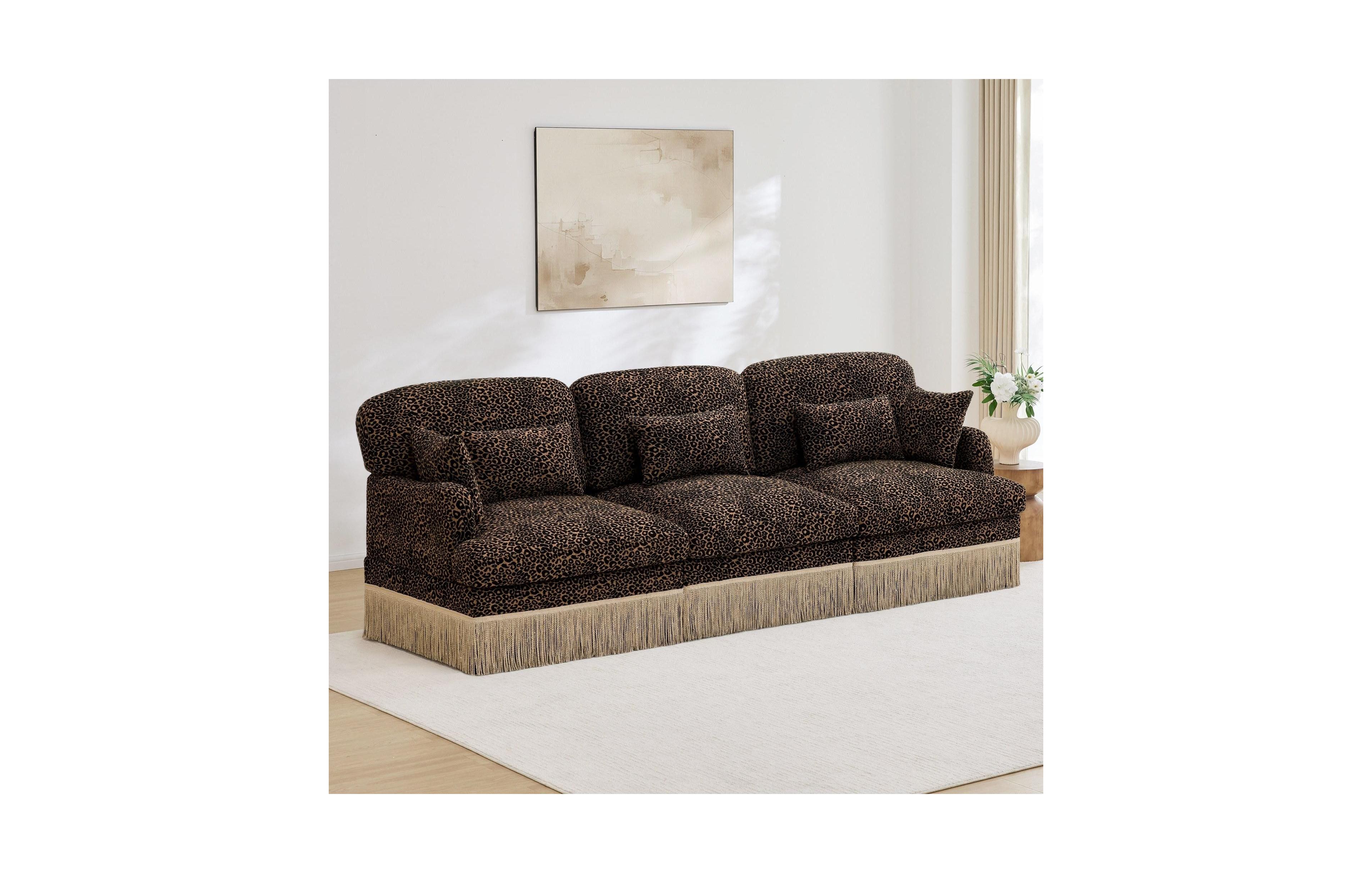 Maison Boucle Modular Sectional Sofa Couch, 3-Seater, Leopard Print Chenille, With Deep Seat, Tassel Skirt, and Throw Lumbar Pillows