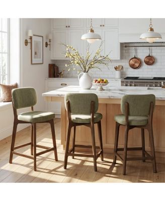 Upholstered Counter Height Bar Stools Set of 3, Linen-Blend Fabric Padded Seat With Curved Back, Solid Wood Frame Kitchen Island Stools
