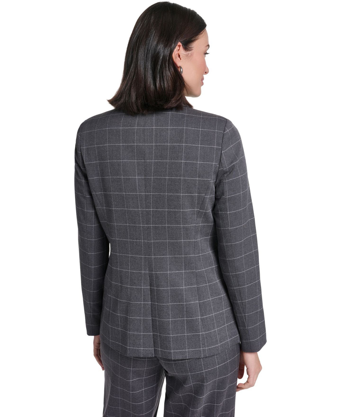 Женский пиджак Calvin Klein Plaid Long-Sleeve One-Button Notch Lapel Blazer, цвет: Меланжевый угольный кремовый — фото 5