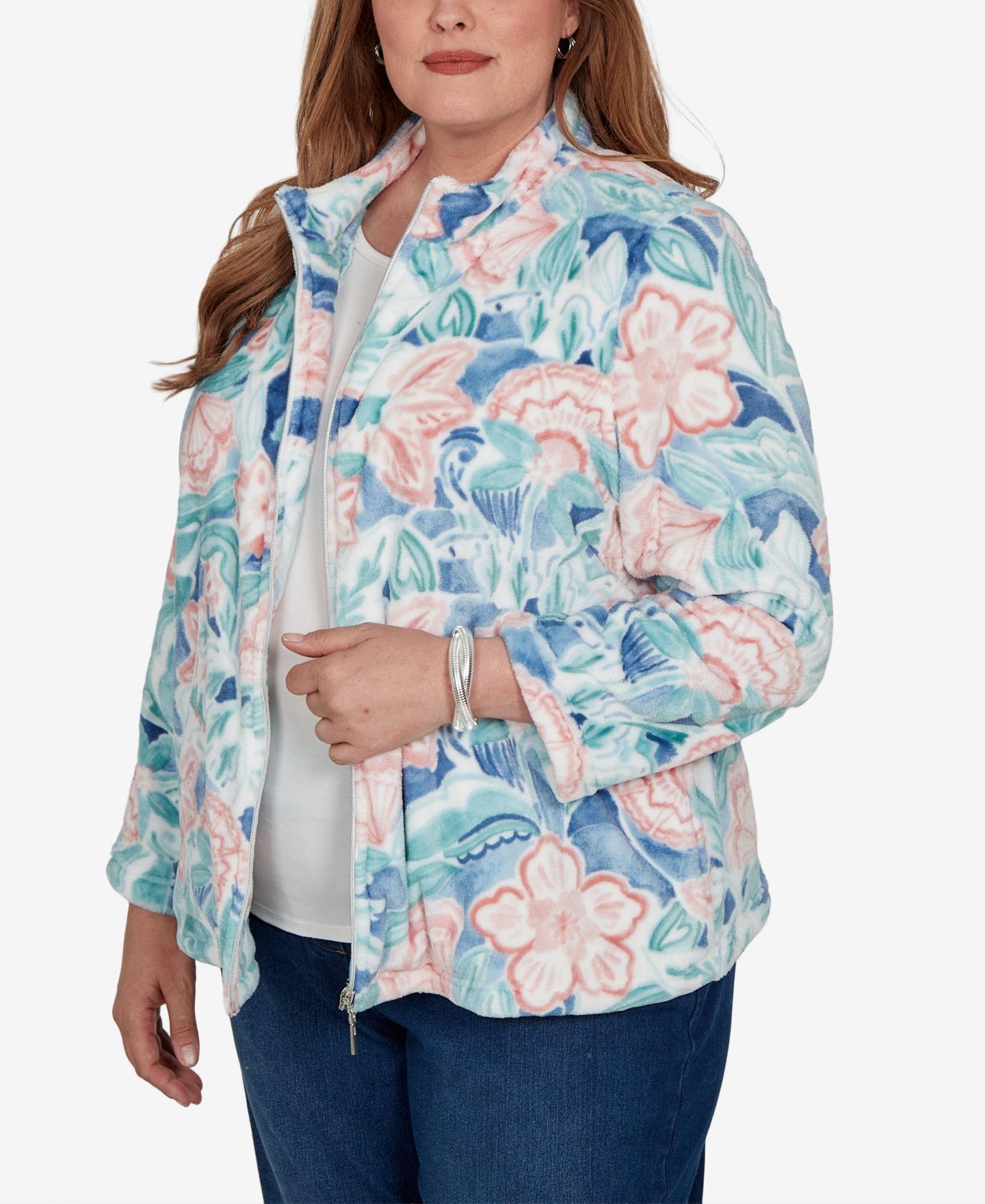 Женская куртка Alfred Dunner Plus Size Floral Stand-Collar, цвет: Синий разноцветный — фото 2