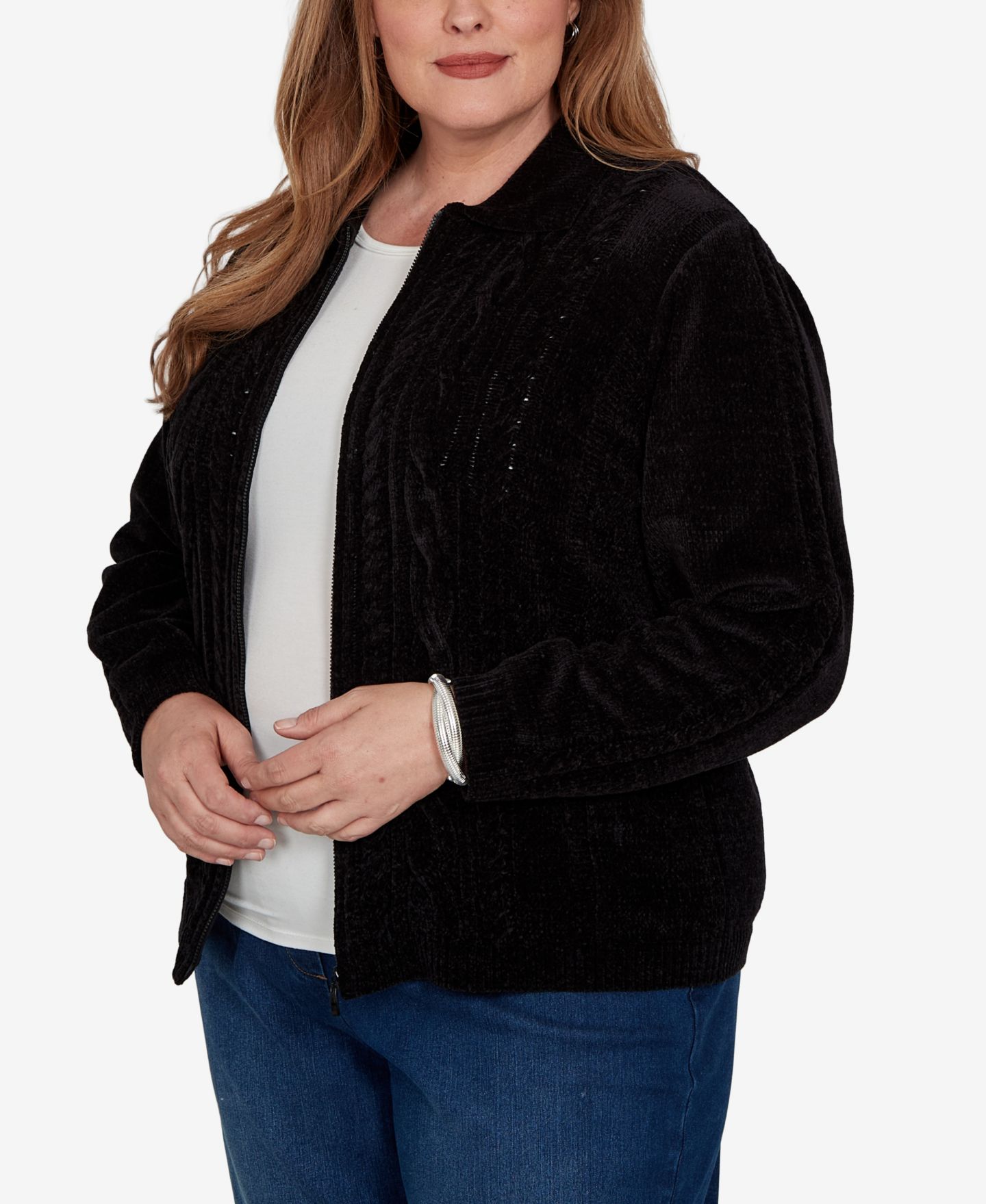 Женский кардиган Alfred Dunner Plus Size Cable-Knit Chenille Full-Zip, цвет: Чёрный — фото 2