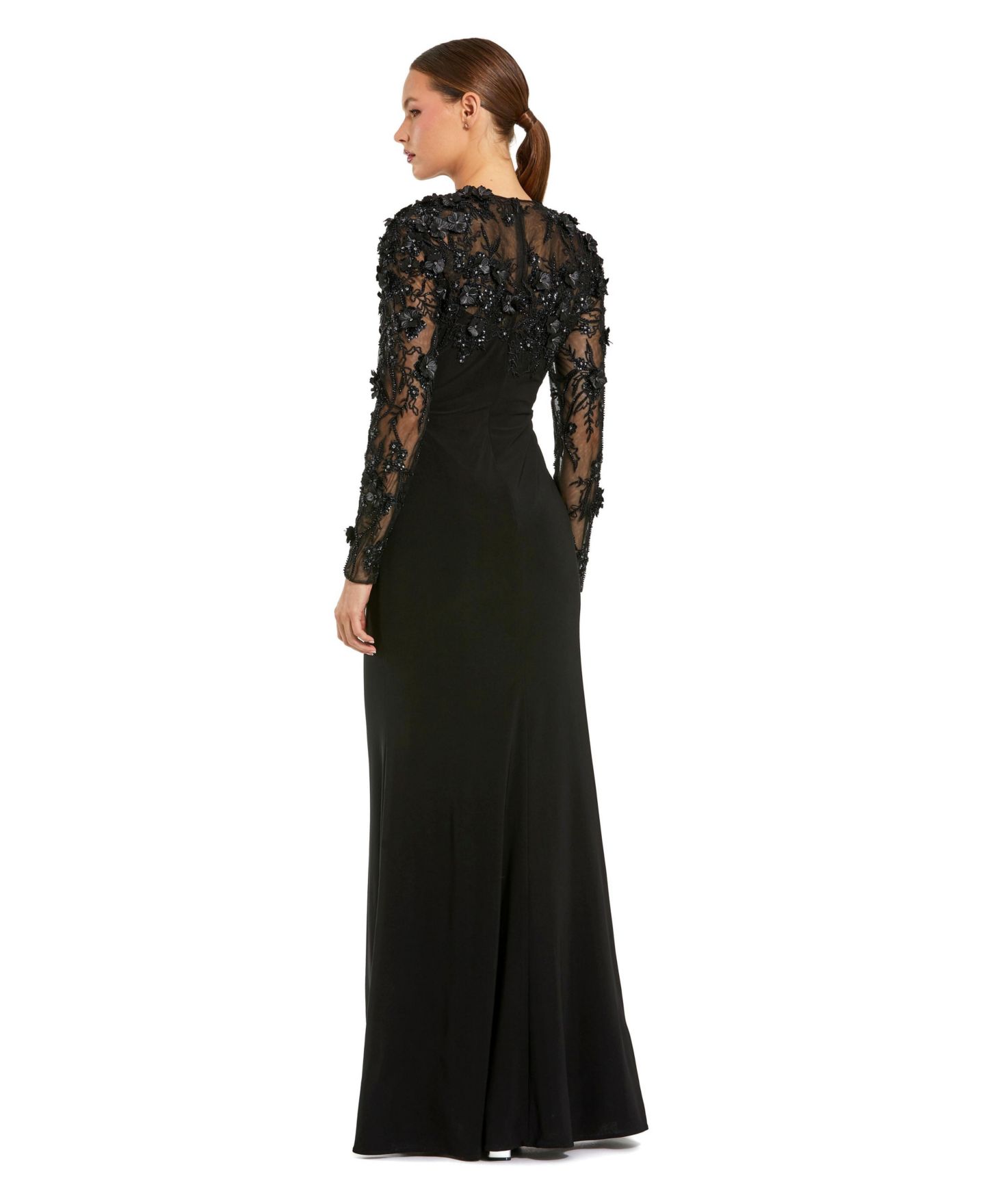 Женские платья Mac Duggal Petite Jersey Long Sleeve Fitted Gown With Floral Beading, цвет: Чёрный — фото 2