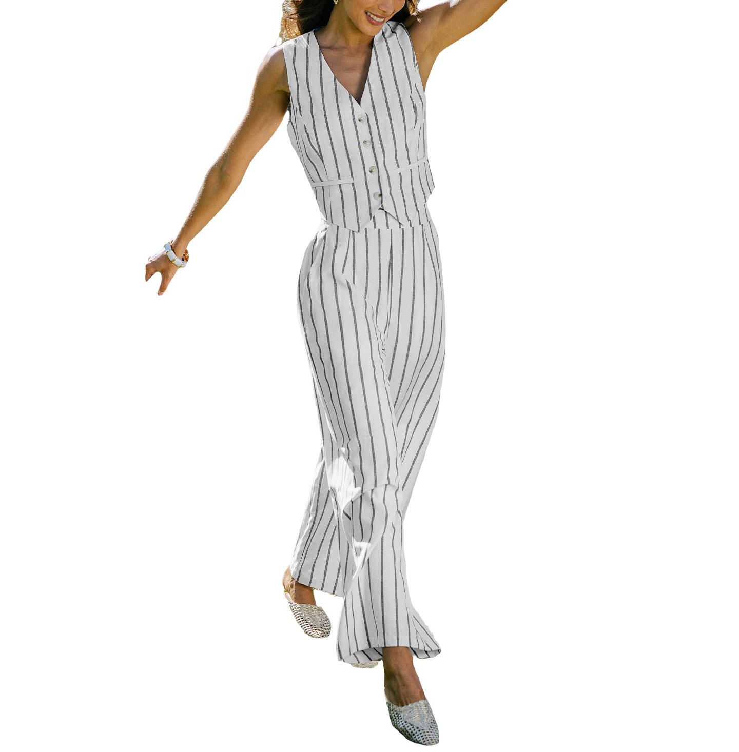 Женский комплект Cupshe V-Neck Striped Wide-Leg Cami and Pants, 2-Piece Set, цвет: Белый — фото 3