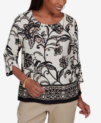 Petite Travel Advisory Scroll Border 3/4-Sleeve Floral Top