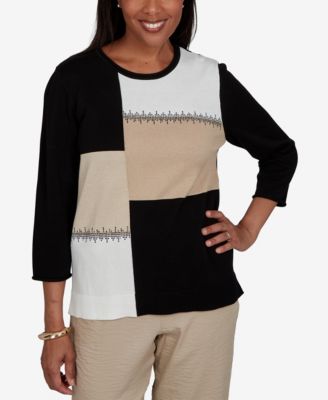 Petite Travel Advisory Colorblock 3/4-Sleeve Embellished Sweater