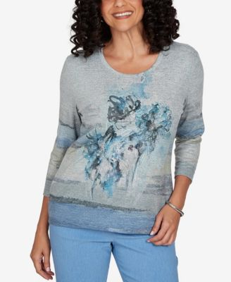 Petite Provence Floral-Print 3/4-Sleeve Lace Blouse