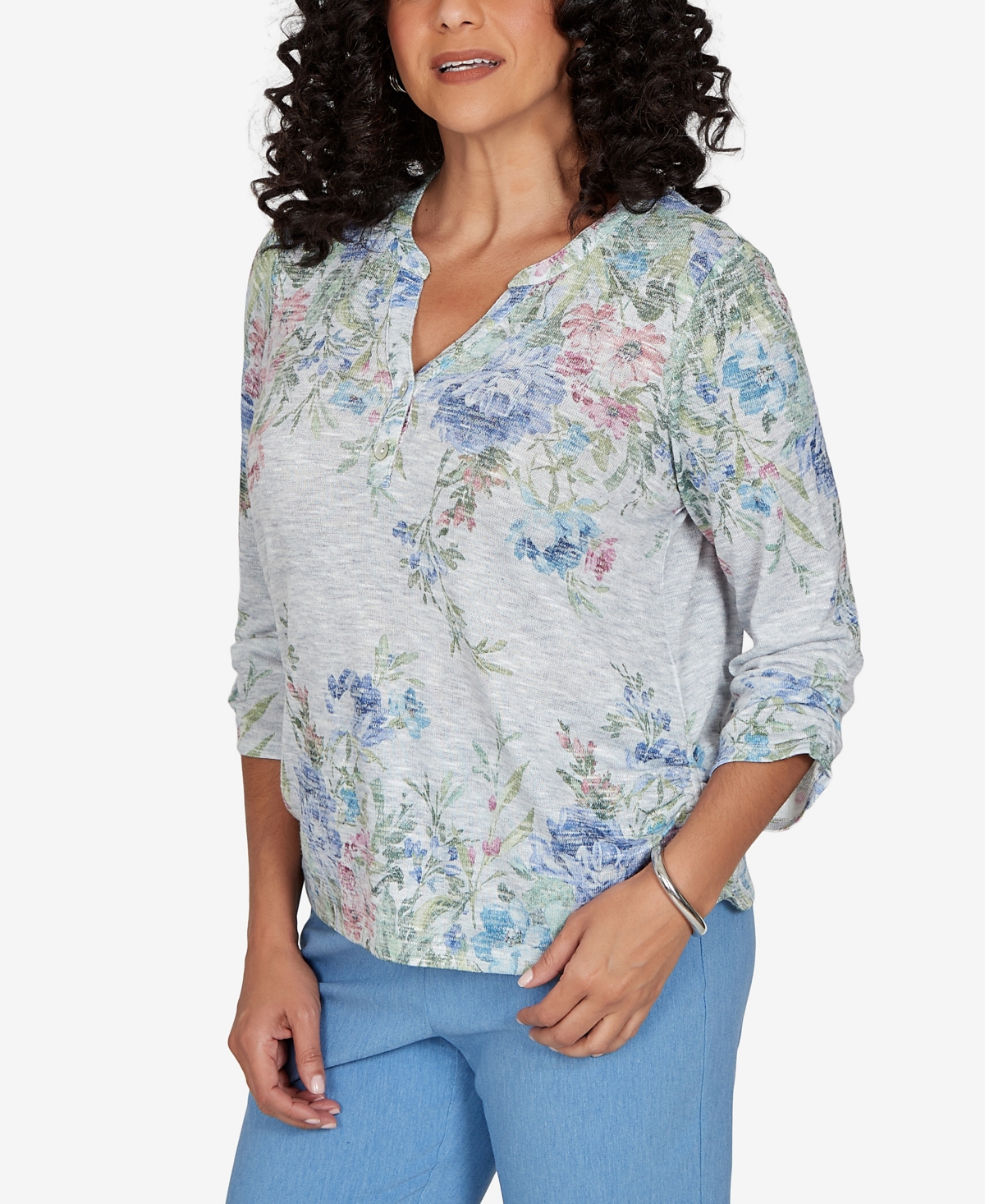 Alfred Dunner Petite Provence Floral Borders Henley Top