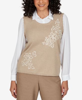 Petite Union Square Two-in-One Embroidered Scoop Neck Sweater