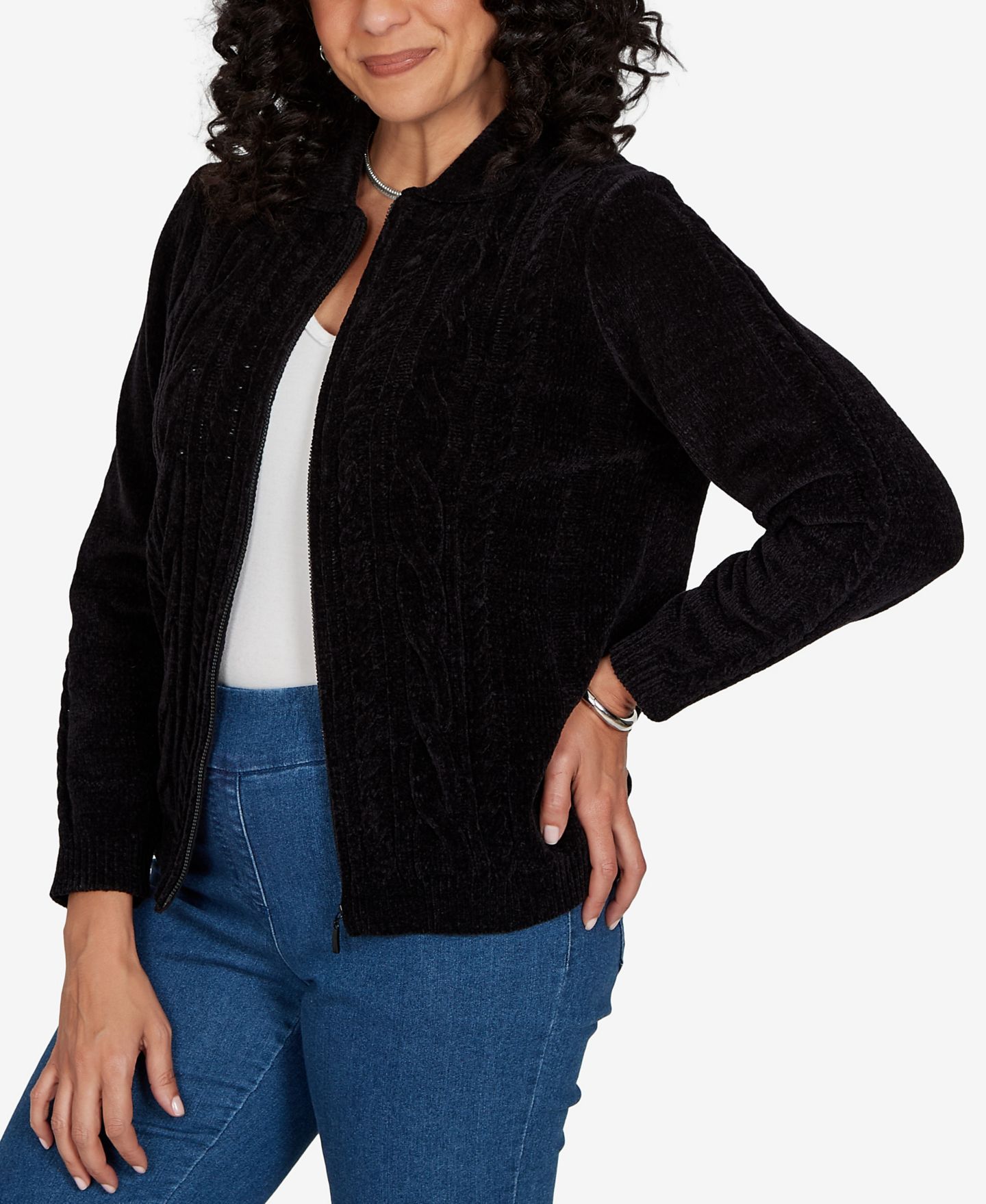 Женский кардиган Alfred Dunner Petite Cable Knit Full-Zip Collared, цвет: Чёрный — фото 2