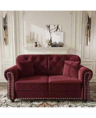 63" Mid-Century Velvet Sofa, Button Tufted Couch with Nailhead Trim, Rolled Armrests and 2 Pillows for Living Room, Apartment, Small Space