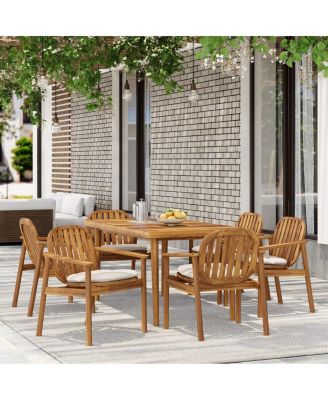 7-Piece Outdoor Dining Set, Acacia Wood Table with Umbrella Hole and 6 Chairs