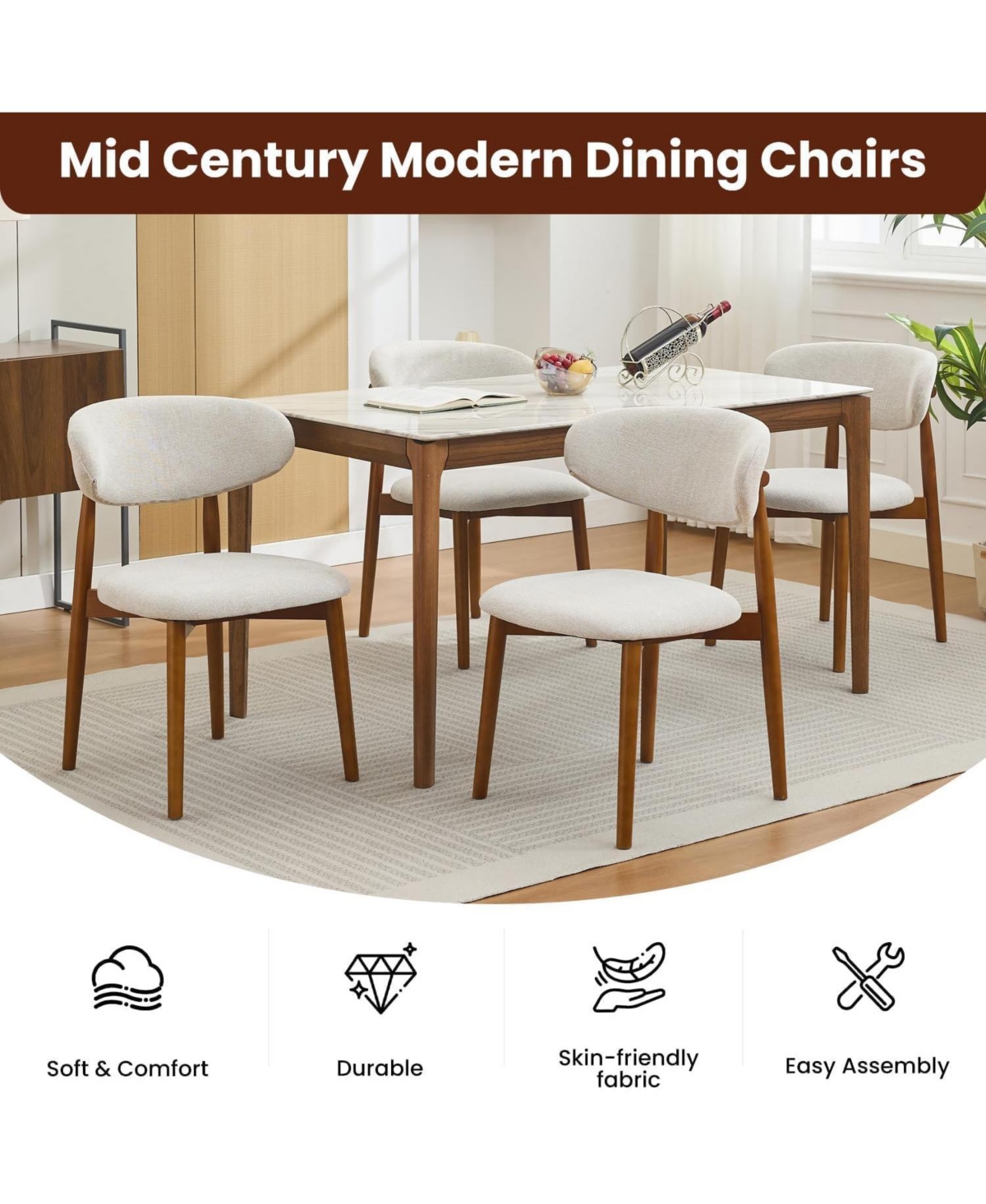 homfan Set of 8 Mid-Century Modern Dining Chairs, Linen Upholstered Seats, Sturdy Wood Legs, Ergonomic, Comfortable, Stylish