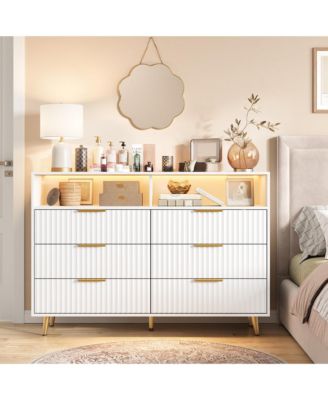 Modern 6 Drawer Fluted Dresser with LED Lights and Charging Station, Wide Storage Cabinet with Handles, Luxury Chest for Bedroom or Living Room
