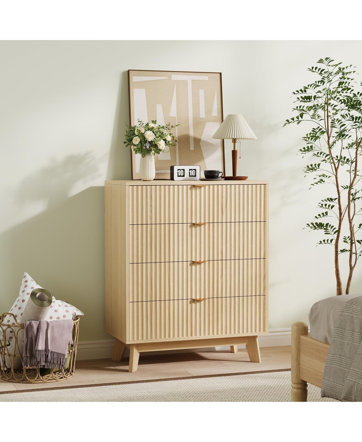 homfan 2 Set of Modern Closet Fluted Wood 4 Drawer Dressers for Bedroom Living Room Hallway Closet