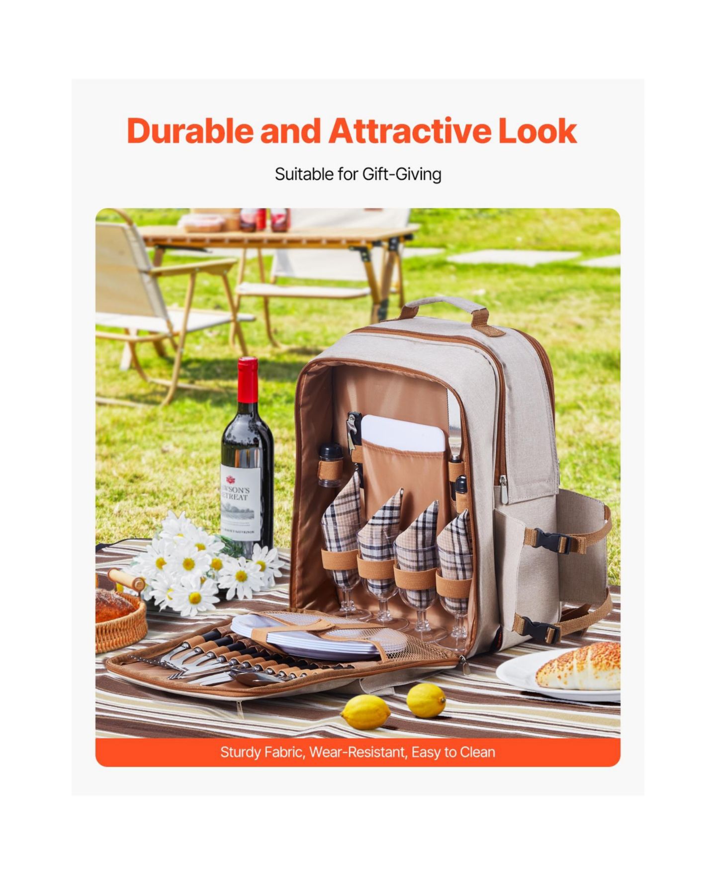 Женские сумки SEVORLEY Picnic Backpack for 4 with Insulated Cooler, Blanket, Plates and Cutlery Set, 20 L, цвет: Бежевый — фото 6