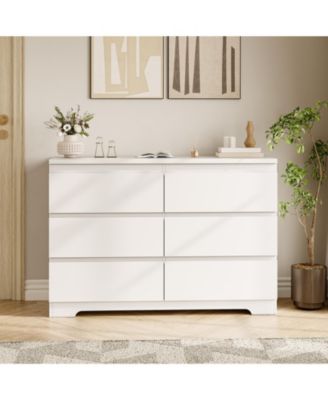 Modern Wide Wooden 6 Drawer Double Dresser, Deep Storage Chest, Anti-Tip, Elegant Organizer for Bedroom, Girls, Nursery, Entryway