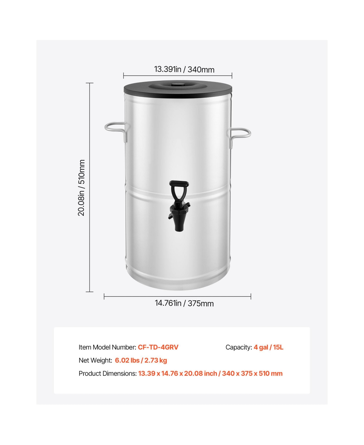 Sevorley Stainless Steel Beverage Dispenser, 4 Gal Iced Tea Dispenser with Spigot and Handle