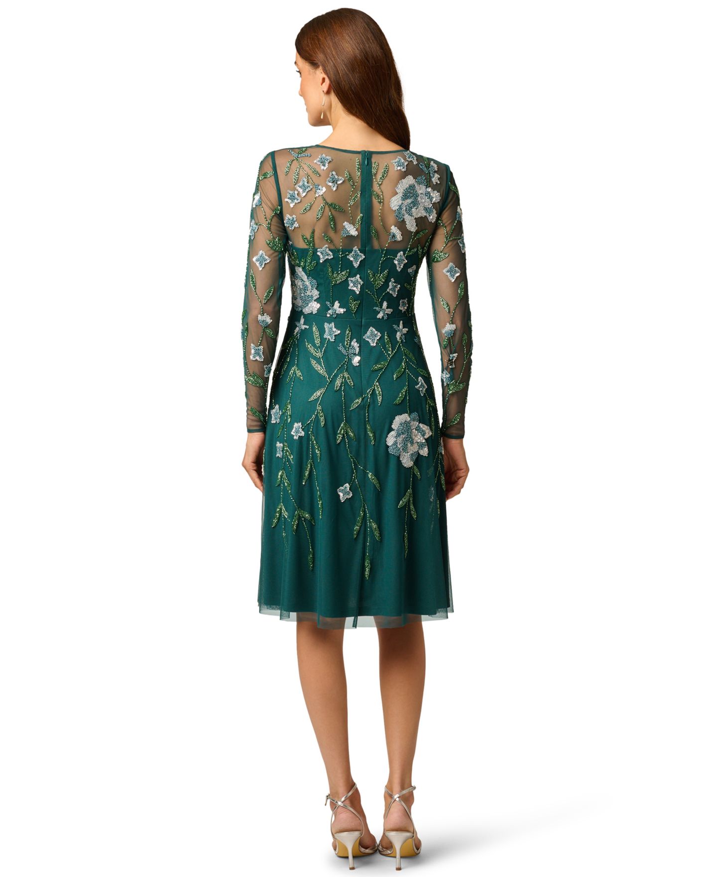 Женское платье Adrianna Papell Beaded-Sequin Floral-Print Long-Sleeve Midi, цвет: Зелёный — фото 4
