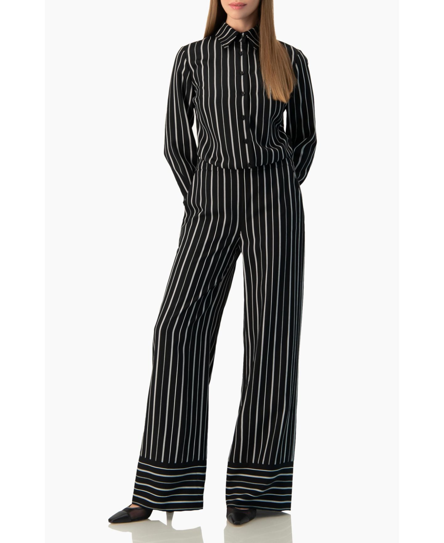 Женская рубашка Ivonne Pinstripe Fitted Long-Sleeve Button-Front, цвет: Чёрный — фото 4