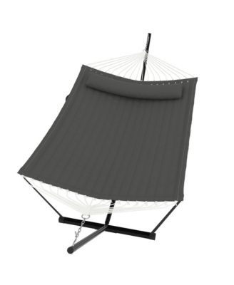 Double Hammock with Stand for Outside –450 LBS Capacity with Pillow and Balance Rope for Patio, Backyard or Poolside