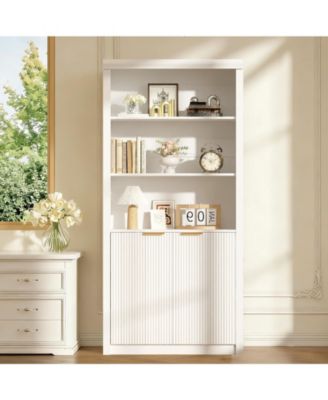 Tall Bookcase, 31.5" Wide wooden Unit with Doors, Farmhouse Large Storage, 5-Shelf Adjustable Top for Home Office, Living Room