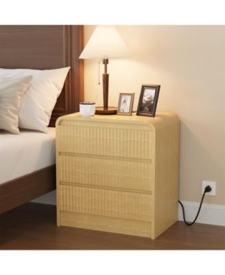 23.6-Inch Fluted Nightstand with Charging Station and 3 Drawers, Warm Wood Finish