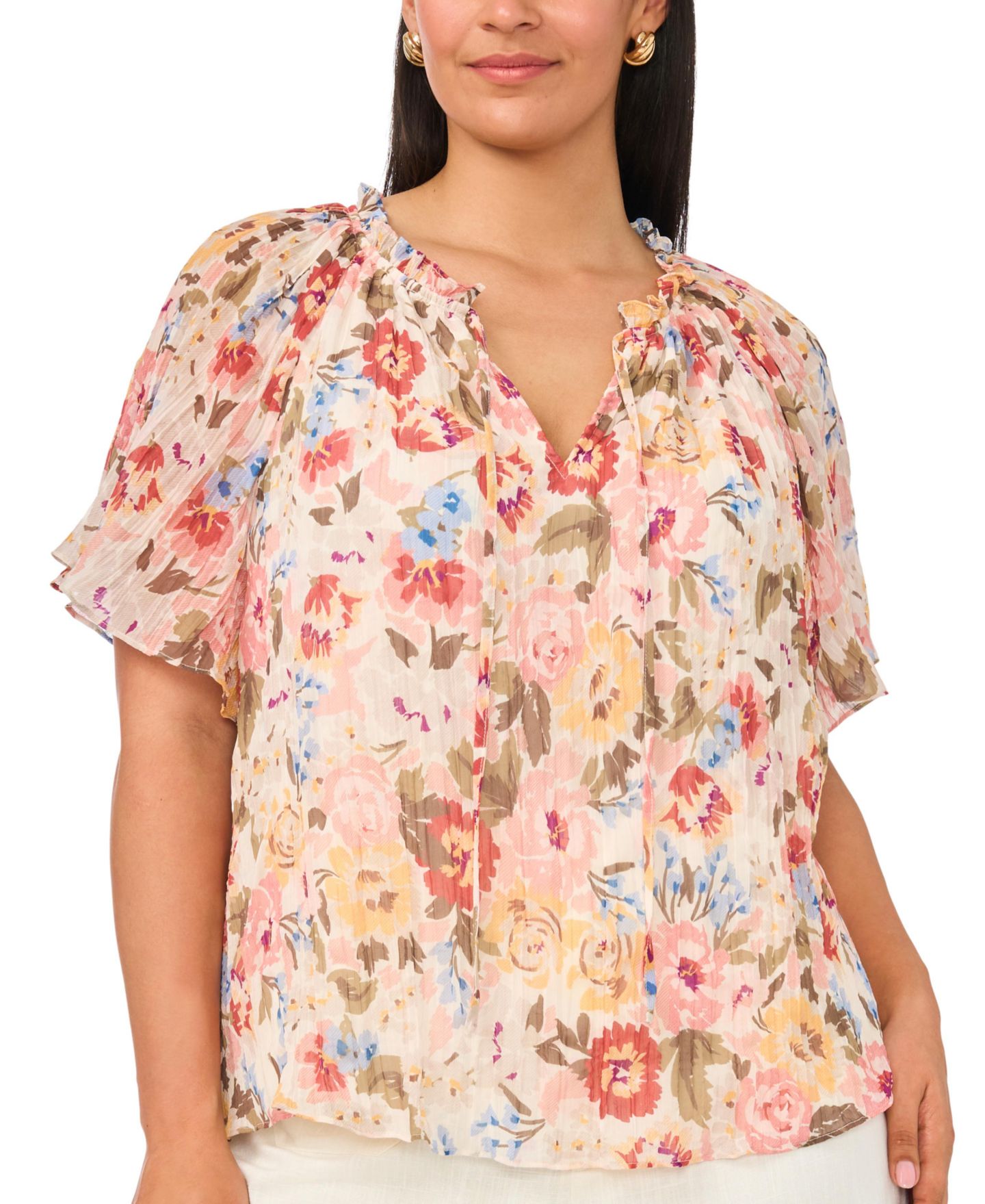 Женская блузка Vince Camuto Plus Size Floral Chiffon Ruffle Blouse, цвет: Песочный — фото 4