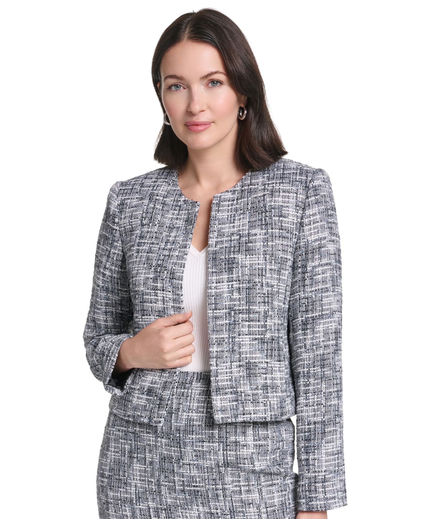 Женский пиджак Calvin Klein Collarless Cropped Shoulder-Padded Blazer, цвет: Чёрный разноцветный — фото 1