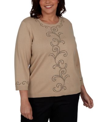 Plus Size Travel Advisory Beaded Scroll 3/4-Sleeve Sweater