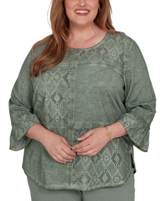 Plus Size Provence Tonal Spliced Patchwork 3/4 Sleeve Blouse