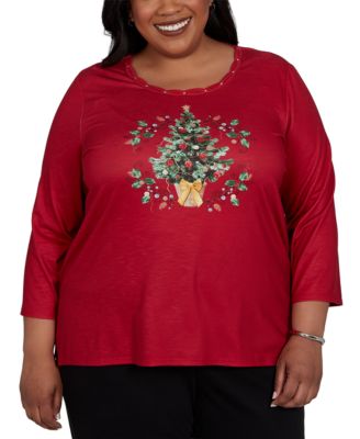 Plus Size Christmas Tree 3/4-Sleeve Braided Neck Top