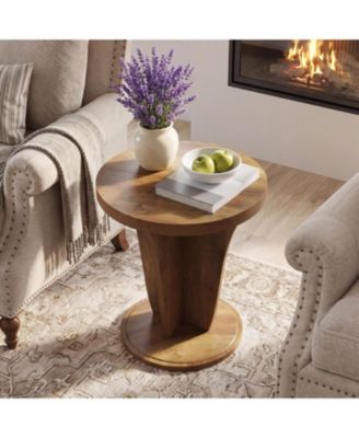 Round Side Table, Mid Century Space-Saving End Table | Modern Accent Nightstand for Small Space, Wood Drink Table
