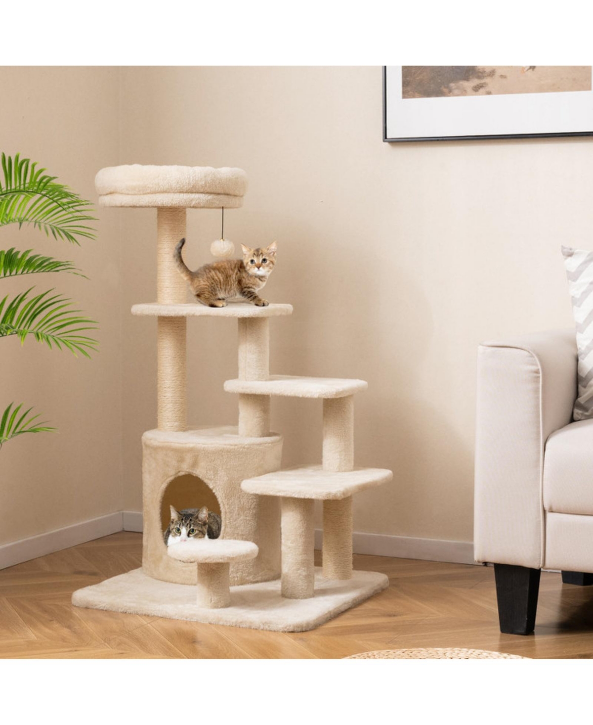 Hongge 40 Inch Multi-Level Cat Tower with Sisal Posts Hideaway Condo and Jingle Ball
