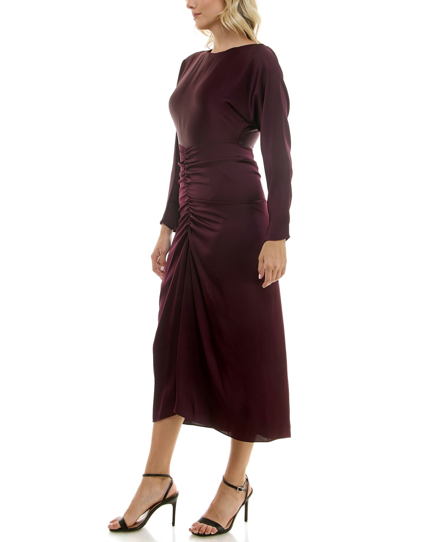 Женское платье Taylor Ruched Satin Dolman-Sleeve Midi, цвет: Сангрия — фото 3