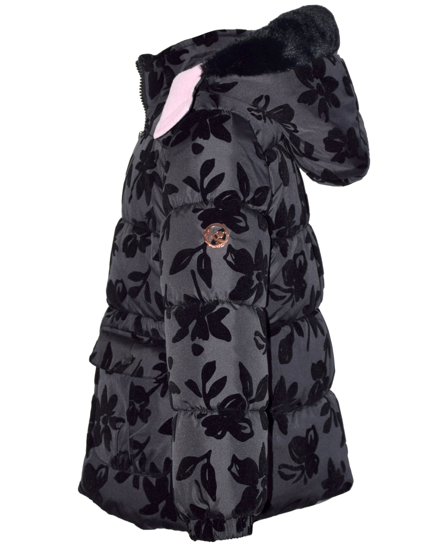 Куртка Kensie Girl Floral Flocked Puffer Jacket для девочек-малышей, цвет: Чёрный — фото 3