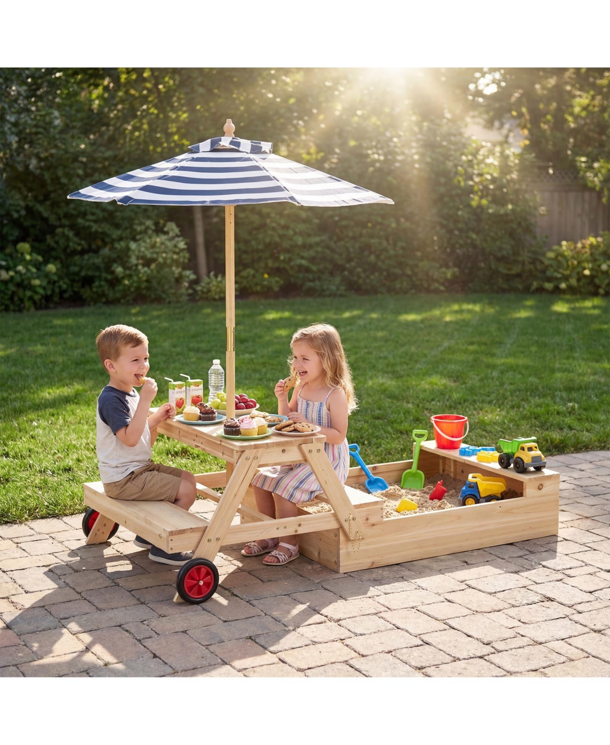 Gymax 3-in-1 Wooden Sandbox With Foldable Umbrella Convertible Picnic Table Benches