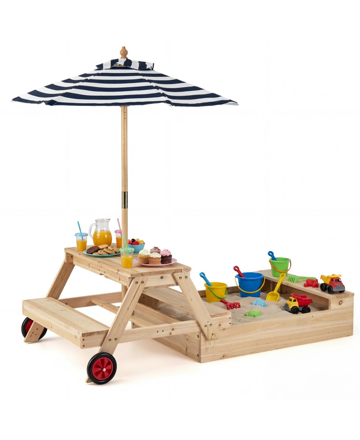 Gymax 3-in-1 Wooden Sandbox With Foldable Umbrella Convertible Picnic Table Benches - Natural