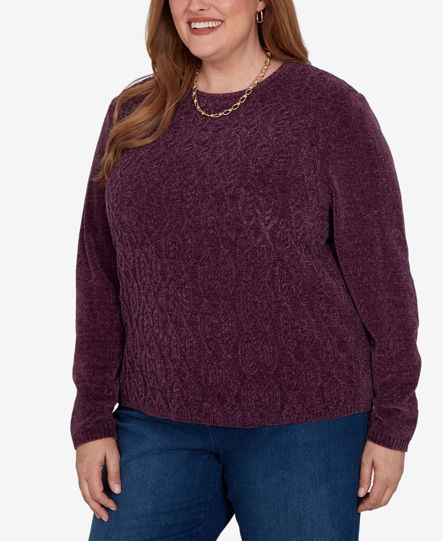 Женский свитер Alfred Dunner Plus Size Cable-Knit Chenille Crewneck Long-Sleeve Pullover, цвет: Amthyst — фото 2