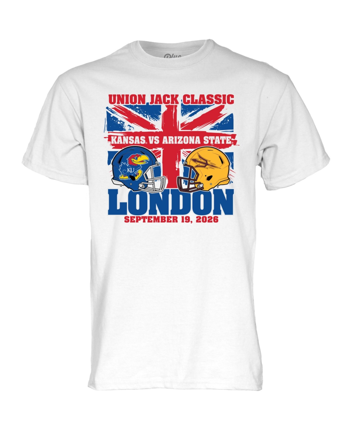 Blue 84 Men's and Women's White Kansas Jayhawks vs. Arizona State Sun Devils 2026 Union Jack Classic Matchup T-Shirt