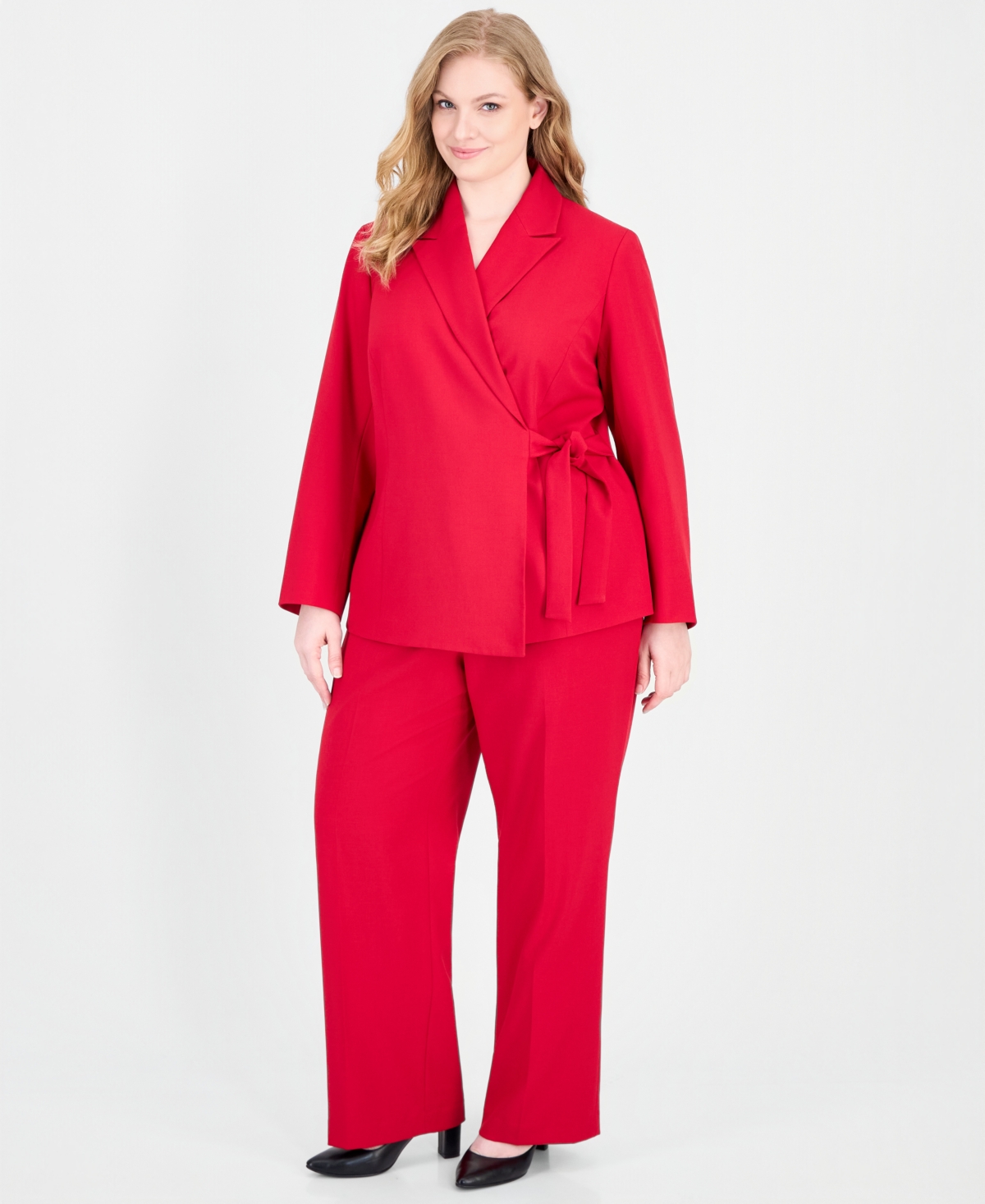 Le Suit Plus Size Peak Lapel Wide-Leg Classic Fit Jacket and Pants, 2-Piece Set - Cherry