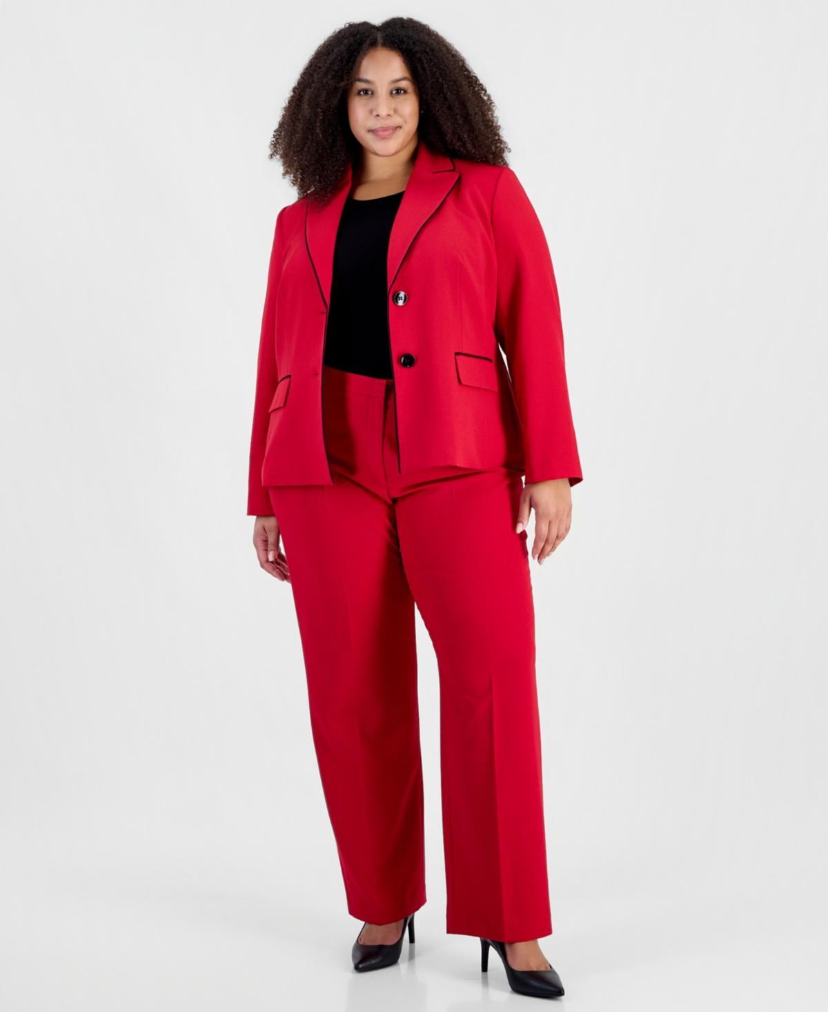Le Suit Plus Size Kate Two-Button Contrast Piping Jacket and Pants, 2-Piece Suit - Cherry/black