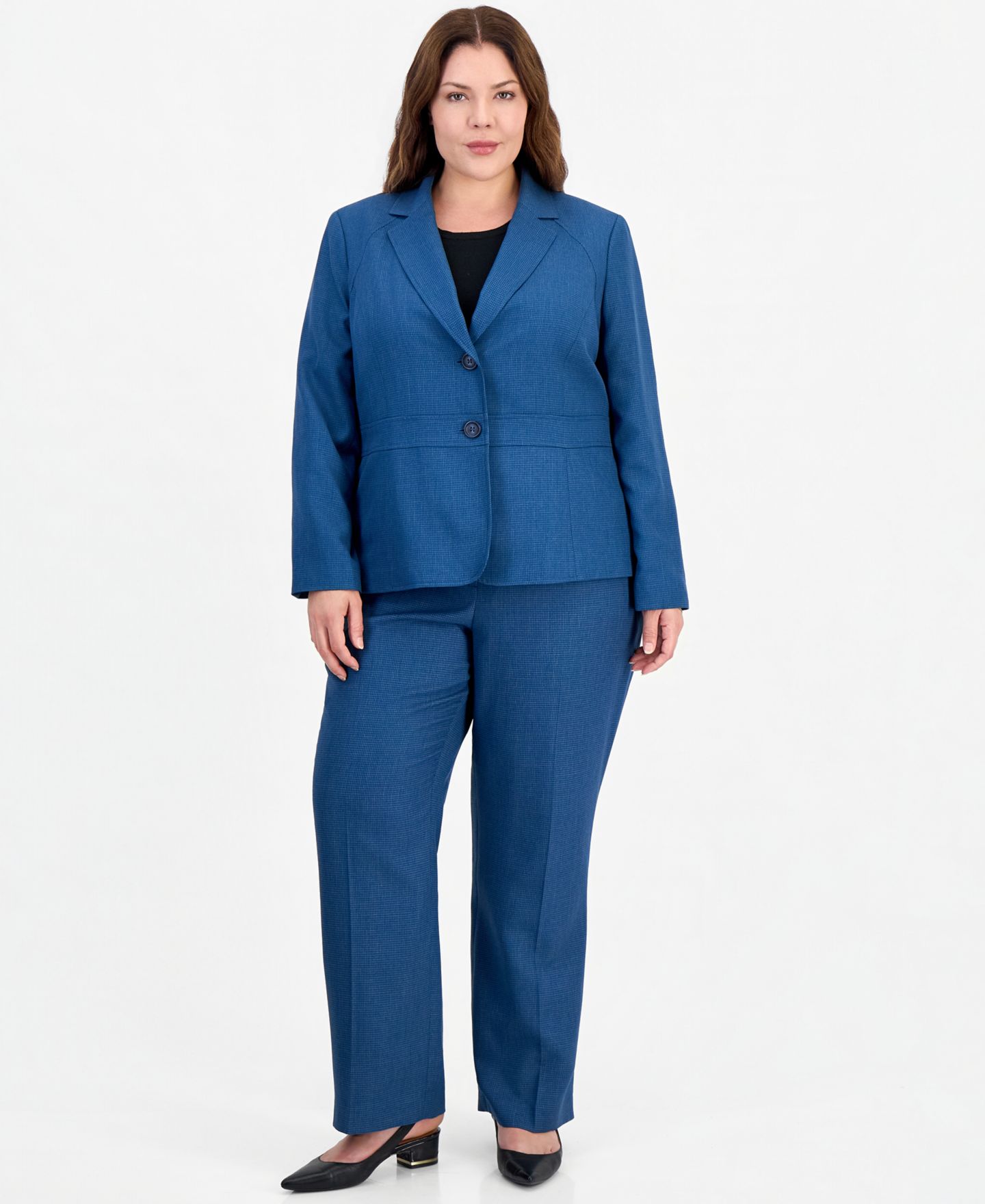 Женский комплект Le Suit Plus SizeHoundstooth Wide-Leg Classic Fit Jacket and Pants, 2-Piece Suit, цвет: Синий разноцветный — фото 2