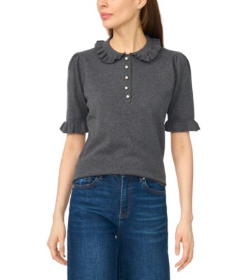 Women's Short-Sleeve Ruffle-Collar Ribbed-Knit Polo Sweater