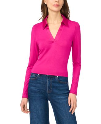 Women's Woven-Collar Knit Long-Sleeve Top