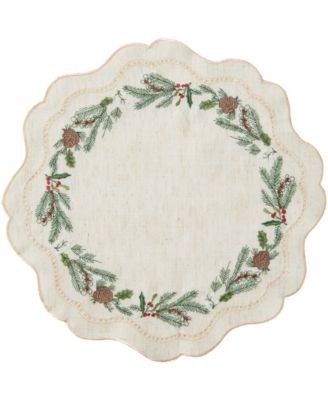 Rustic Winter Botanical Embroidered Round Placemat, 15" x 15"