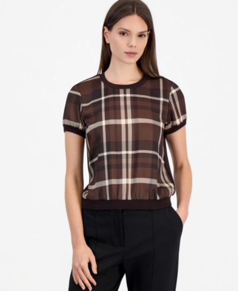 Женский свитер Tahari ASL Crewneck Short-Sleeve Plaid-Print, цвет: Тёмно-коричневый клетчатый
