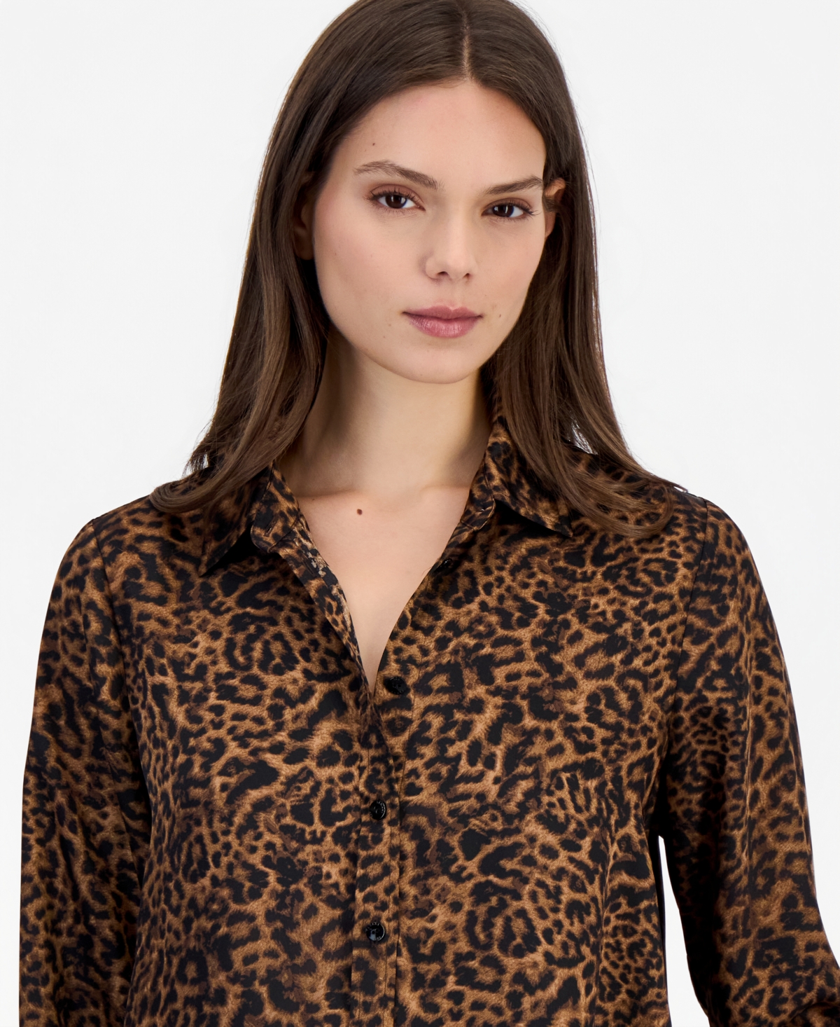 Tahari Asl Women's Long-Sleeve Leopard-Print Button-Front Blouse