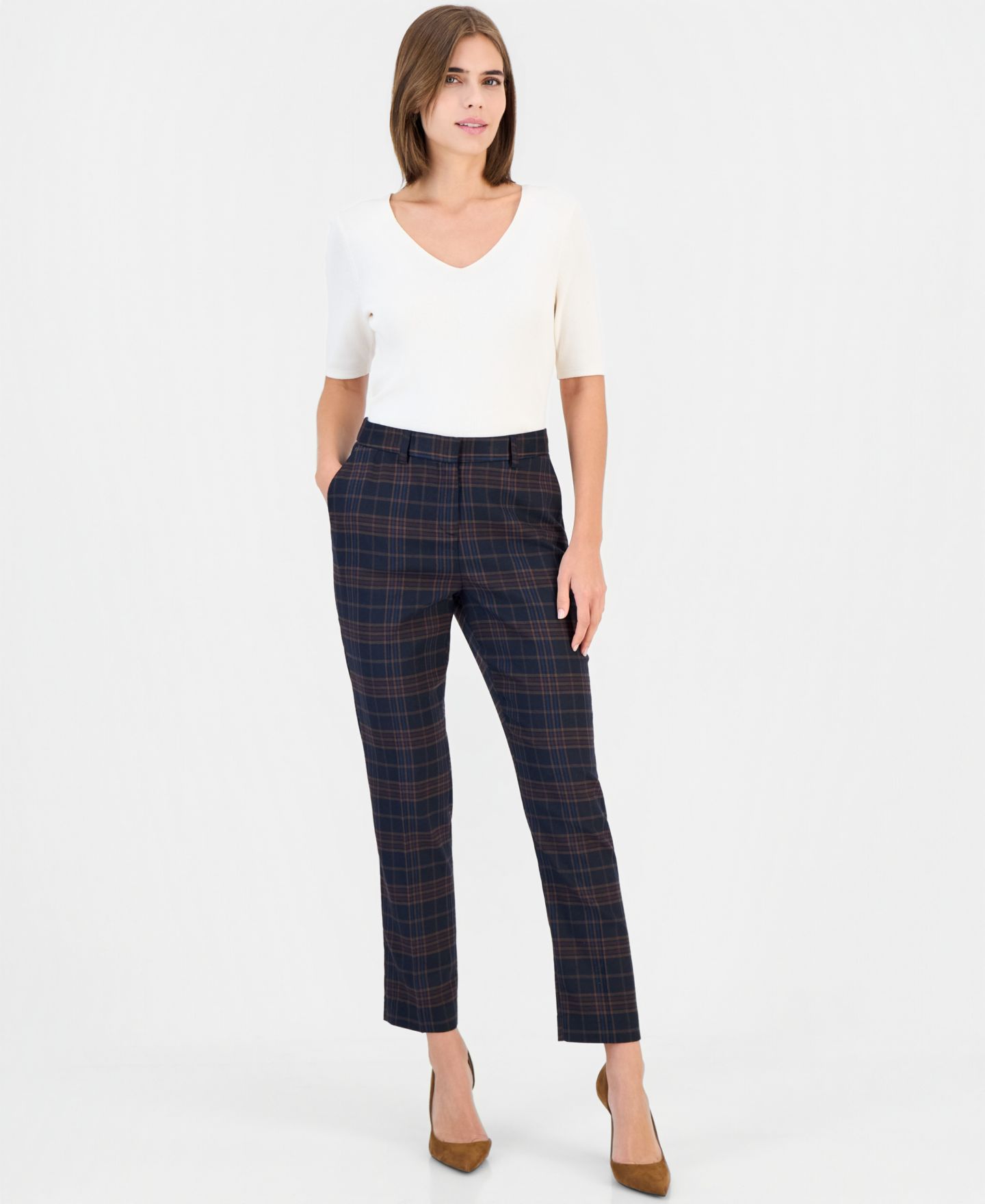 Женские брюки Tahari ASL Plaid Slim Fit Straight, цвет: Тёмно-синий клюквенный — фото 1