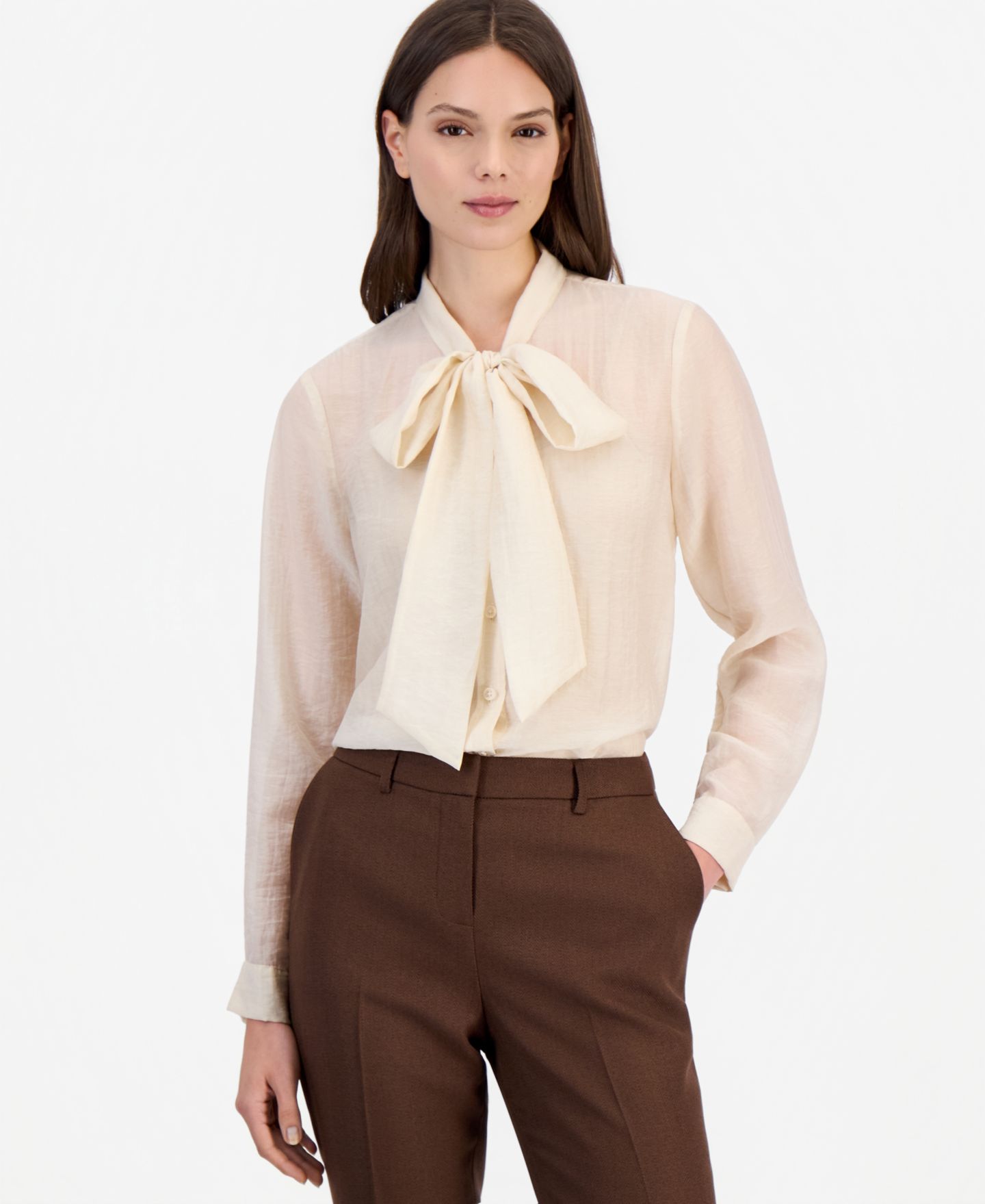 Женская блузка Tahari ASL Long-Sleeve Tie-Neck Chiffon Blouse, цвет: Песочный — фото 3